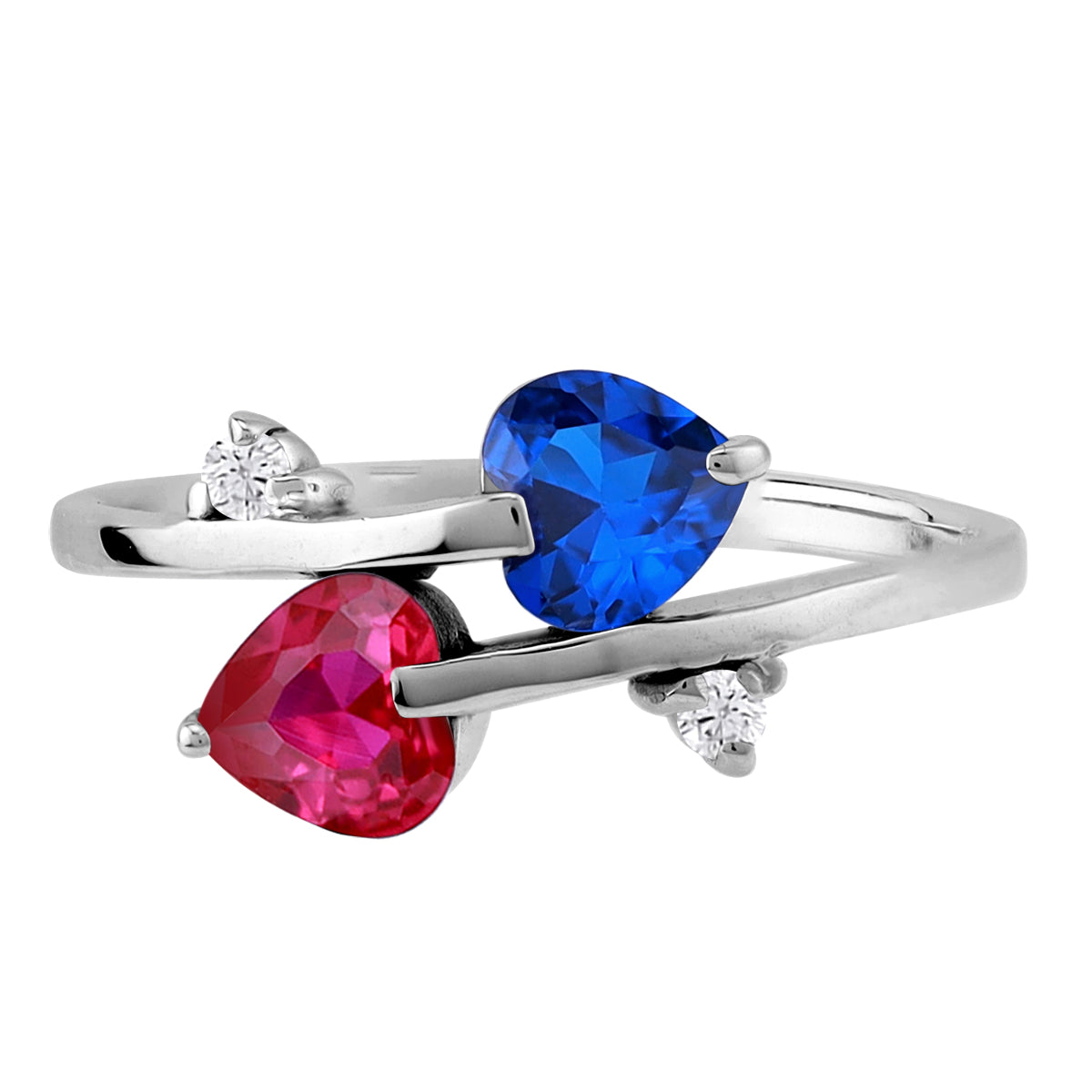 Created Blue Sapphire and Simulated Red Ruby 925 Sterling Silver Trendy Twin Heart Bypass Ring silvershake