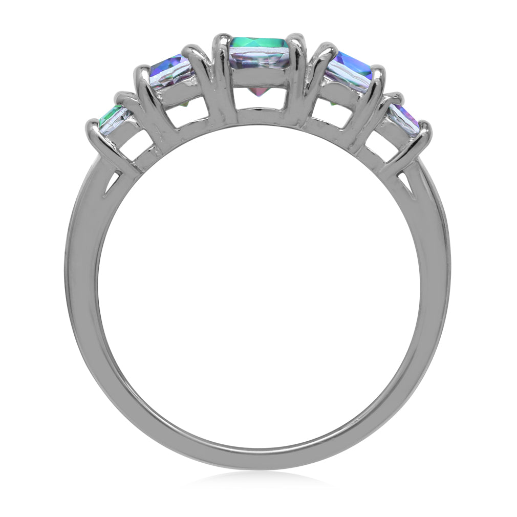1.4 CTW 5-Stone Genuine Round Shape Mystic Fire Rainbow Topaz White Gold Plated 925 Sterling Silver Gemstone Ring - Silvershake-store