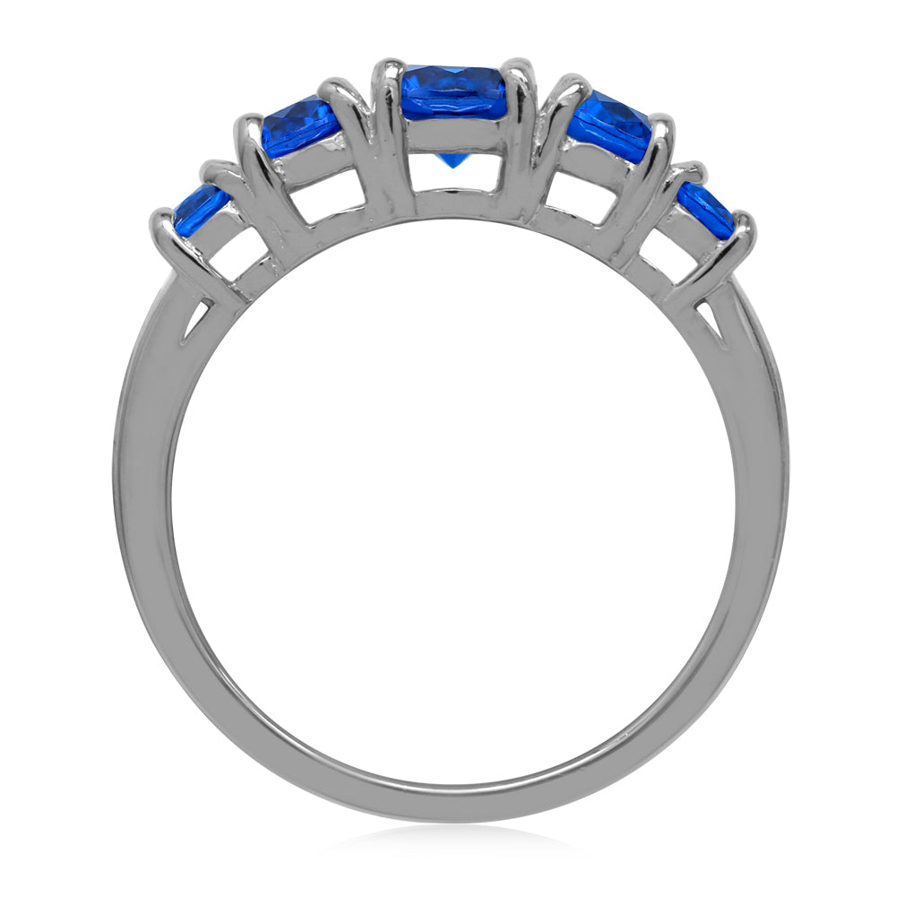 5-Stone Created Round Shape Blue Sapphire White Gold Plated 925 Sterling Silver Ring September Gemstone Birthstone - Silvershake-store