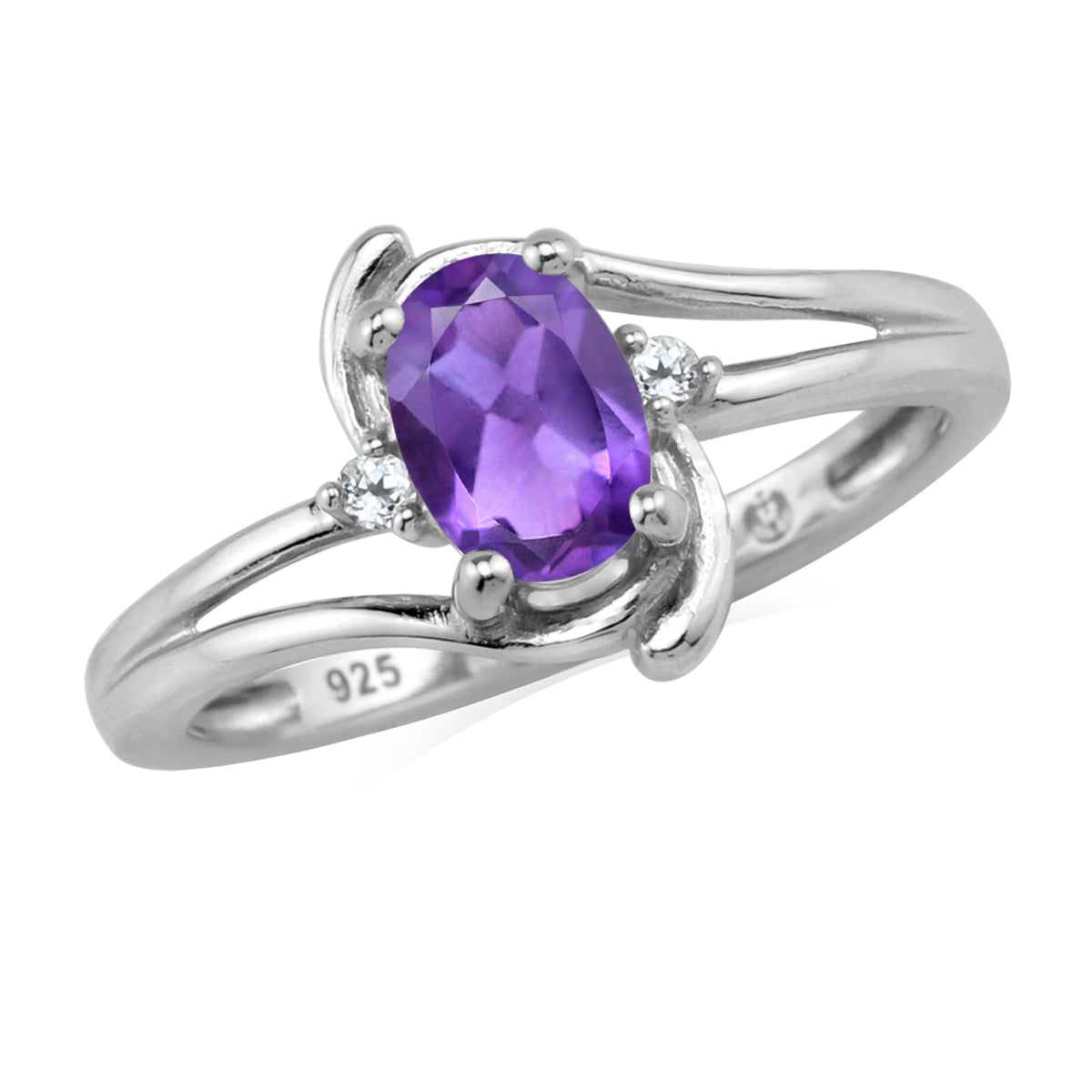 7X5mm Genuine Oval Shape African Purple Amethyst and White Topaz 925 Sterling Silver Engagement Ring February Gemstone Birthstone - Silvershake-store