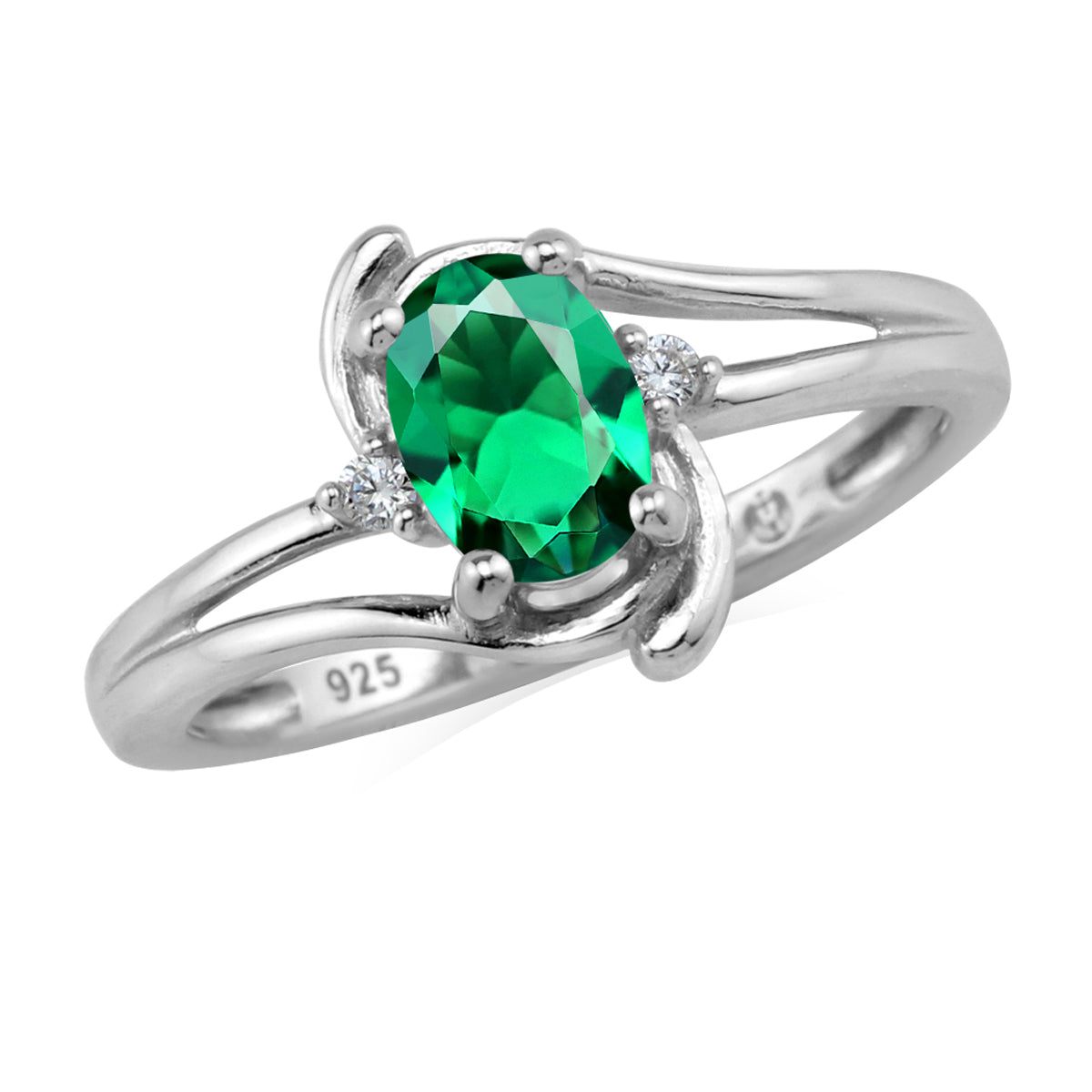 7X5mm Created Oval Shape Nano Green Emerald White Gold Plated 925 Sterling Silver Engagement Ring May Gemstone Birthstone - Silvershake-store