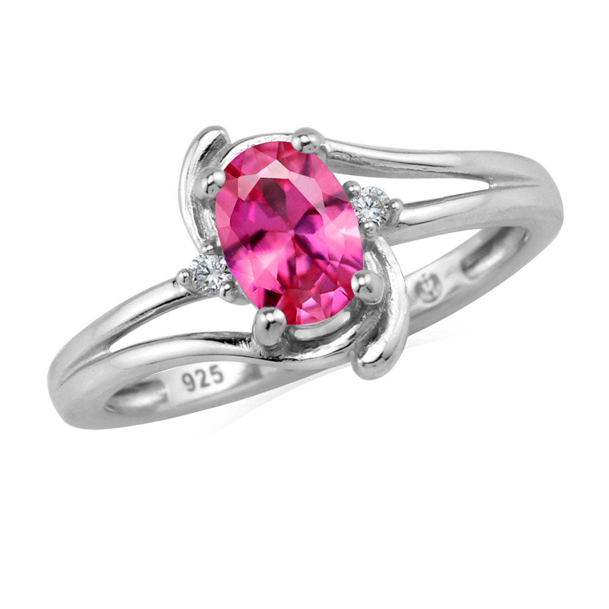 7X5mm Created Oval Shape Pink Tourmaline White Gold Plated 925 Sterling Silver Engagement Ring October Gemstone Birthstone - Silvershake-store