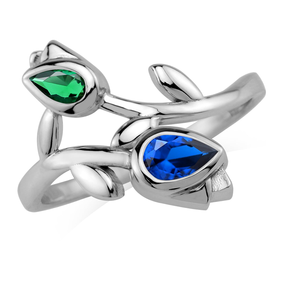 Created Blue Sapphire and Nano Green Emerald White Gold Plated 925 Sterling Silver Tulip Flower Gemstone Bypass Ring Jewelry for Women - Silvershake-store
