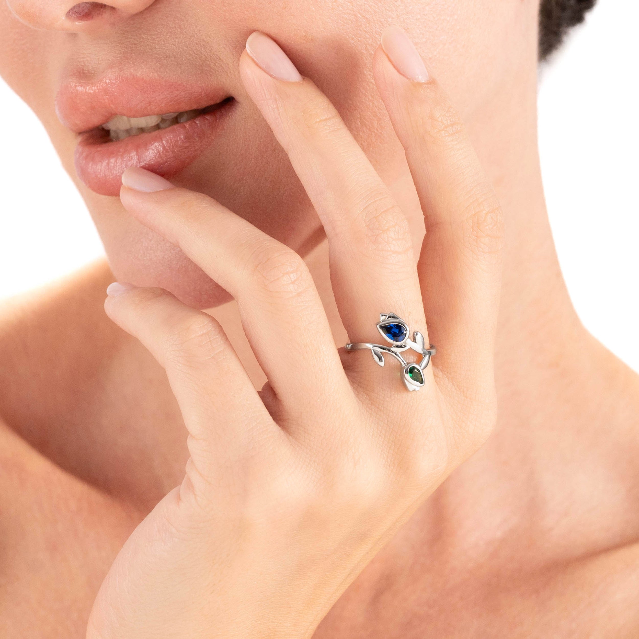 Created Blue Sapphire and Nano Green Emerald White Gold Plated 925 Sterling Silver Tulip Flower Gemstone Bypass Ring Jewelry for Women - Silvershake-store