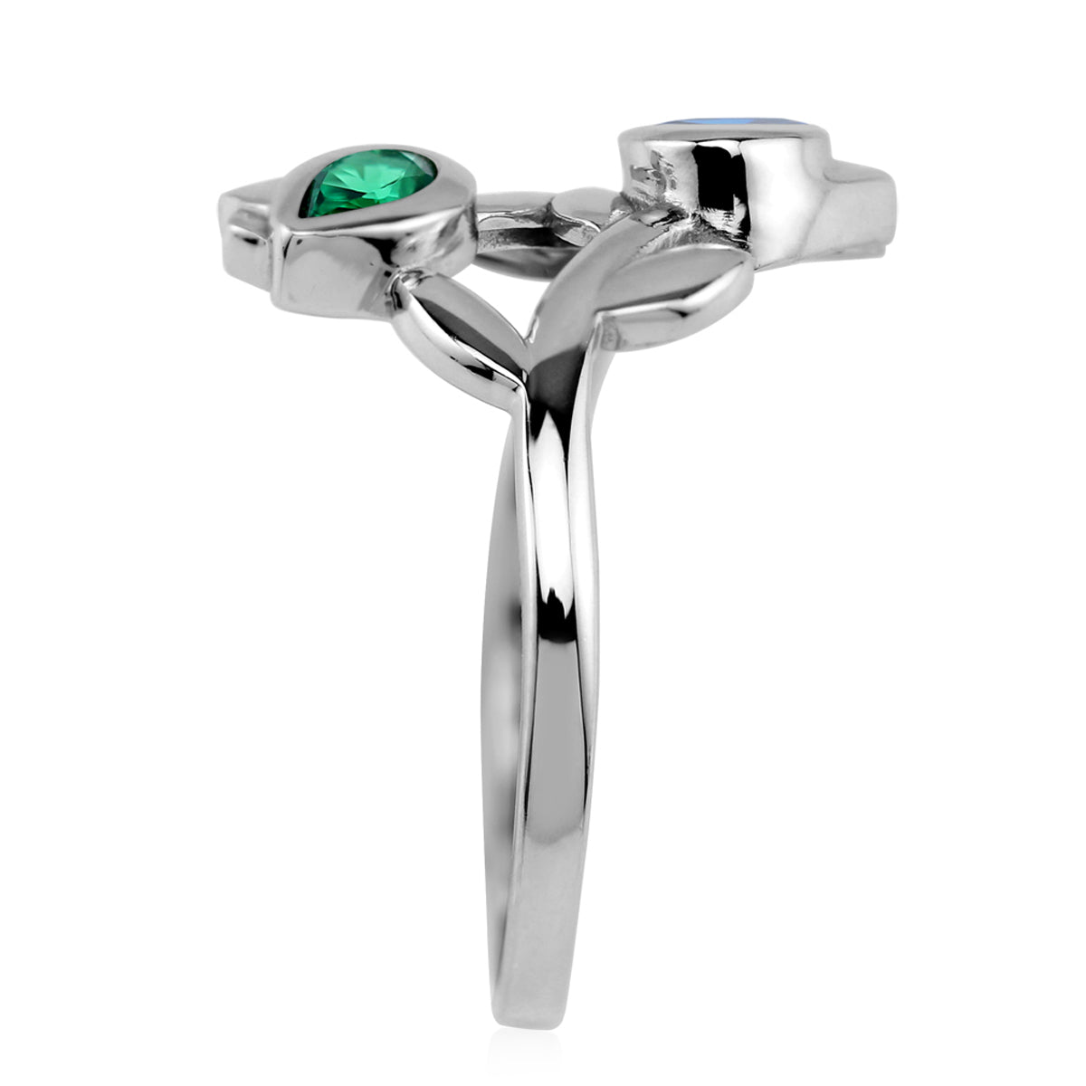 Created Blue Sapphire and Nano Green Emerald White Gold Plated 925 Sterling Silver Tulip Flower Gemstone Bypass Ring Jewelry for Women - Silvershake-store