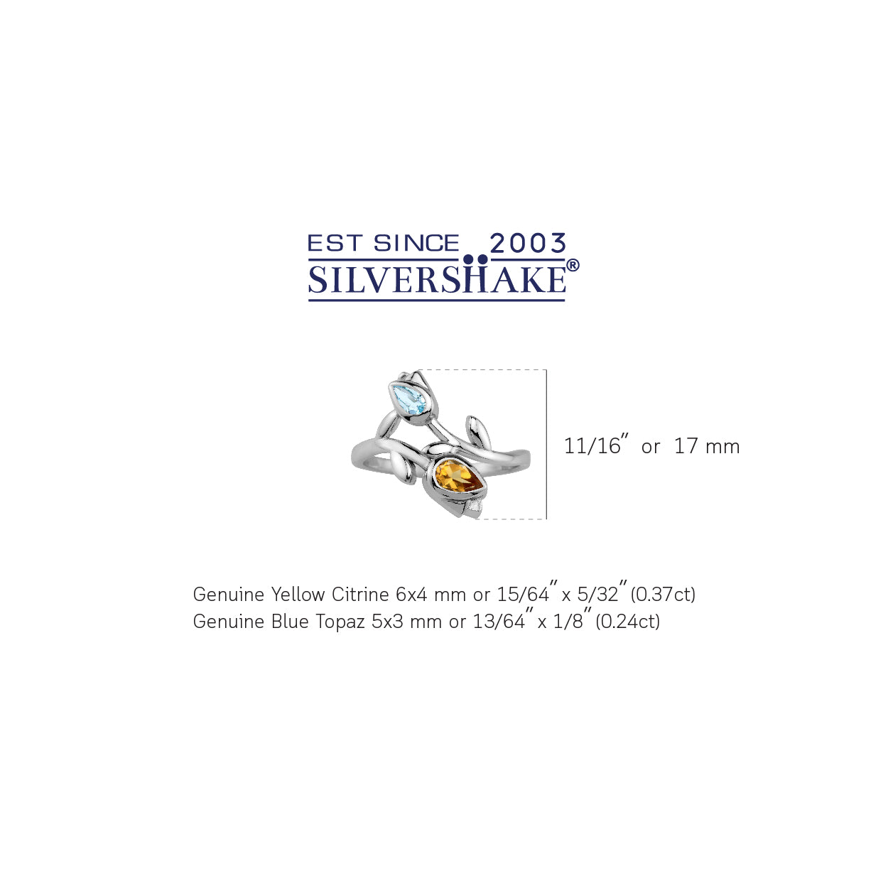 Genuine Yellow Citrine and Blue Topaz White Gold Plated 925 Sterling Silver Tulip Flower Bypass Gemstone Ring Jewelry for Women - Silvershake-store