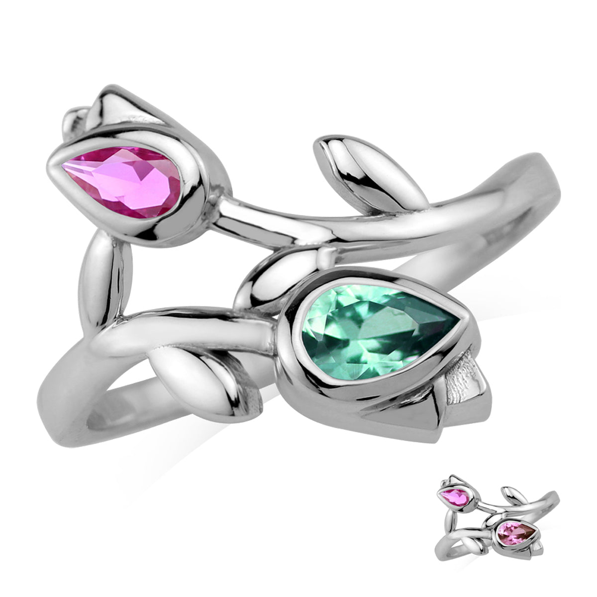 Created Color Change Alexandrite and Pink Tourmaline White Gold Plated 925 Sterling Silver Tulip Flower Bypass Gemstone Ring Jewelry for Women - Silvershake-store
