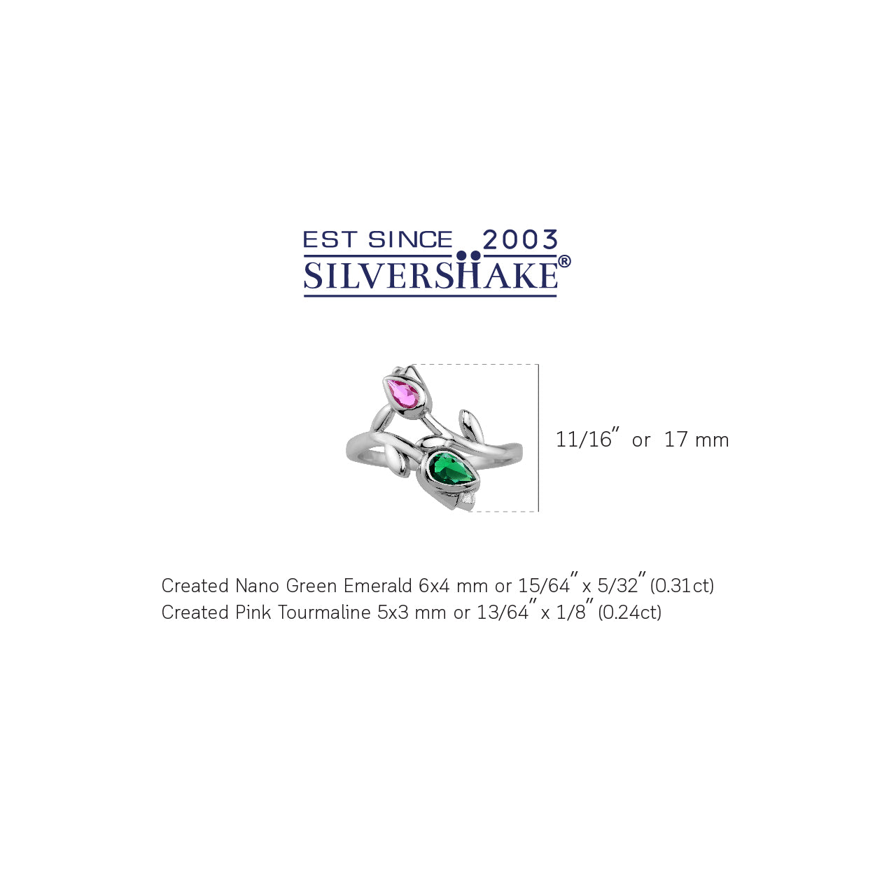 Created Nano Green Emerald and Pink Tourmaline White Gold Plated 925 Sterling Silver Tulip Flower Bypass Gemstone Ring Jewelry for Women - Silvershake-store