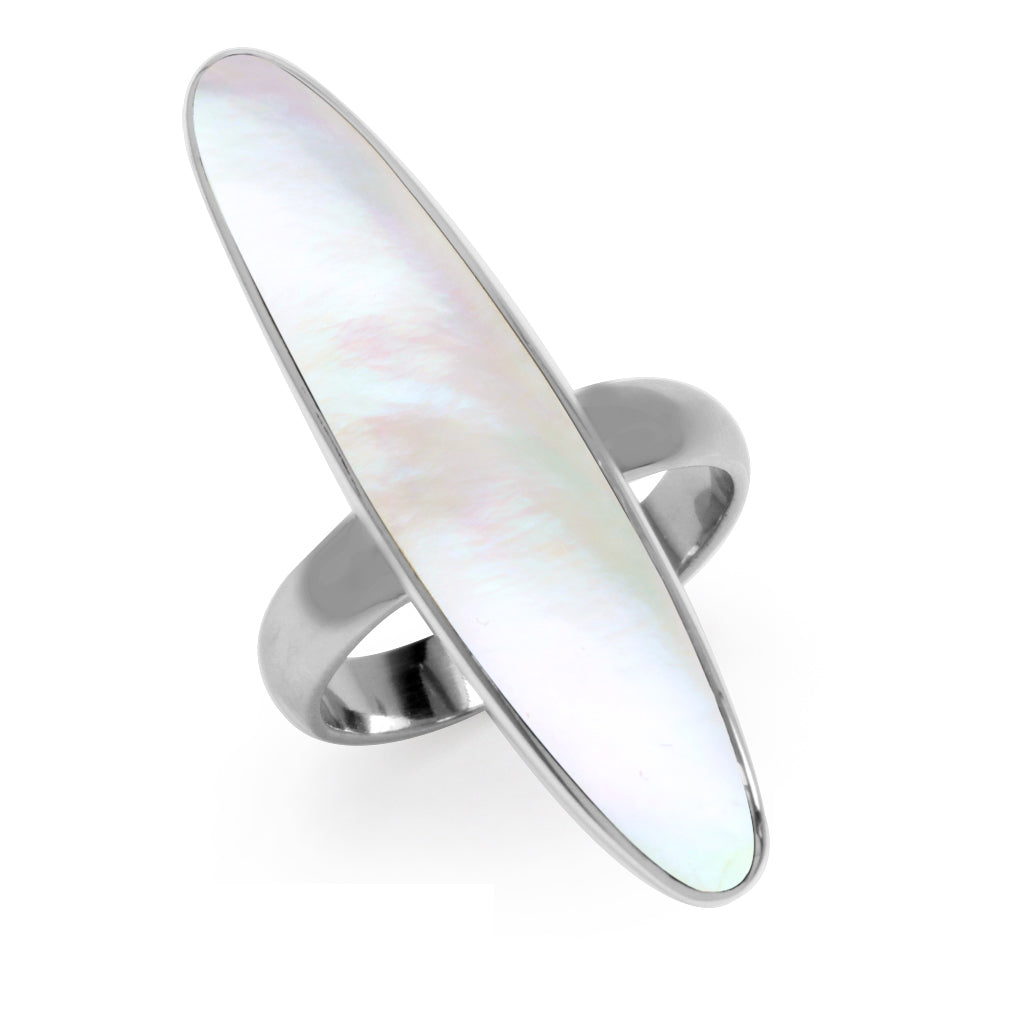 Long Mother of Pearl Inlay White Gold Plated 925 Sterling Silver Modern Style Ring Jewelry for Women - Silvershake-store