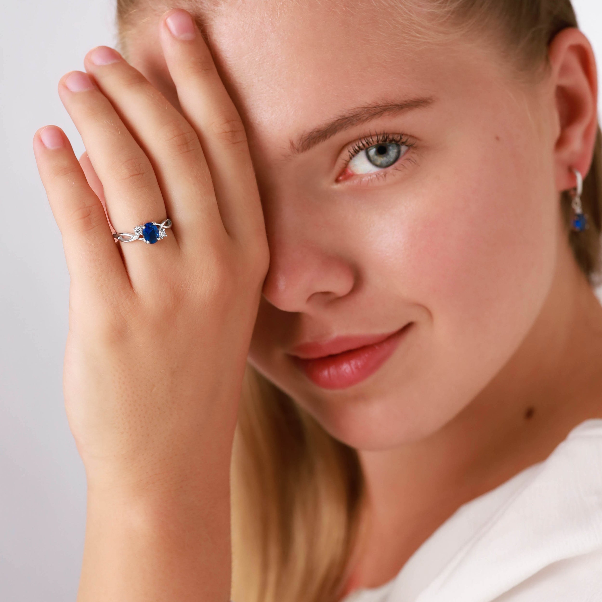 7X5mm Created Oval Shape Blue Sapphire White Gold Plated 925 Sterling Silver Engagement Ring September Gemstone Birthstone - Silvershake-store