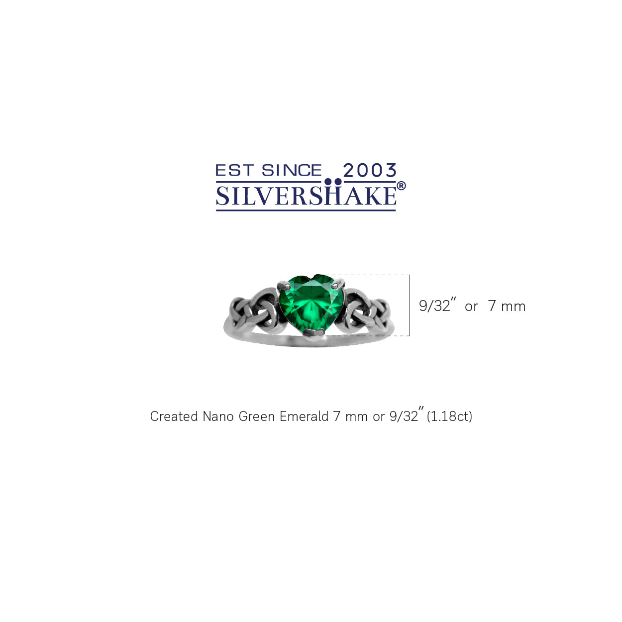 7MM Created Heart Shape Nano Green Emerald 925 Sterling Silver Celtic Heart Knot Filigree Solitaire Promise Ring - Silvershake-store