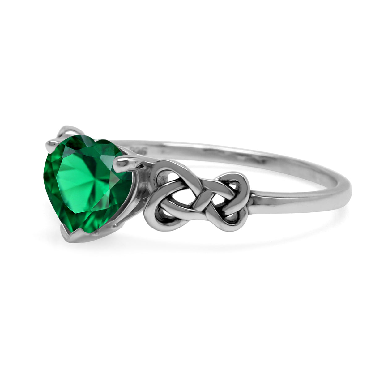 7MM Created Heart Shape Nano Green Emerald 925 Sterling Silver Celtic Heart Knot Filigree Solitaire Promise Ring - Silvershake-store