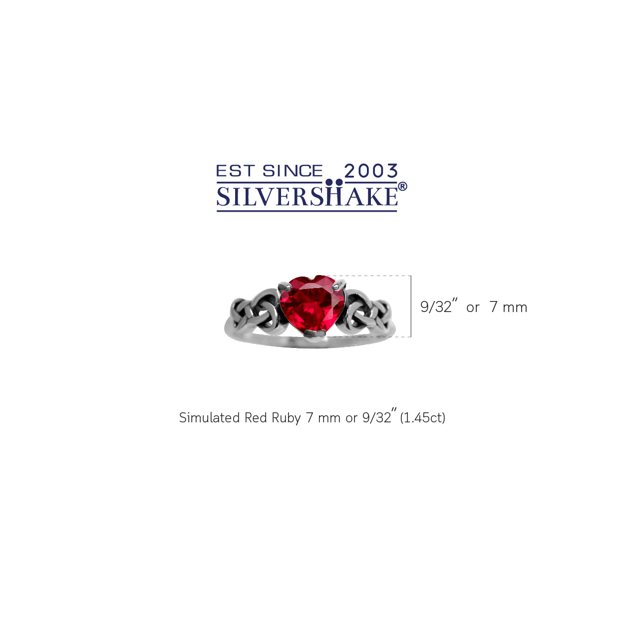 7MM Simulated Heart Shape Red Ruby 925 Sterling Silver Celtic Heart Knot Filigree Solitaire Promise Ring - Silvershake-store