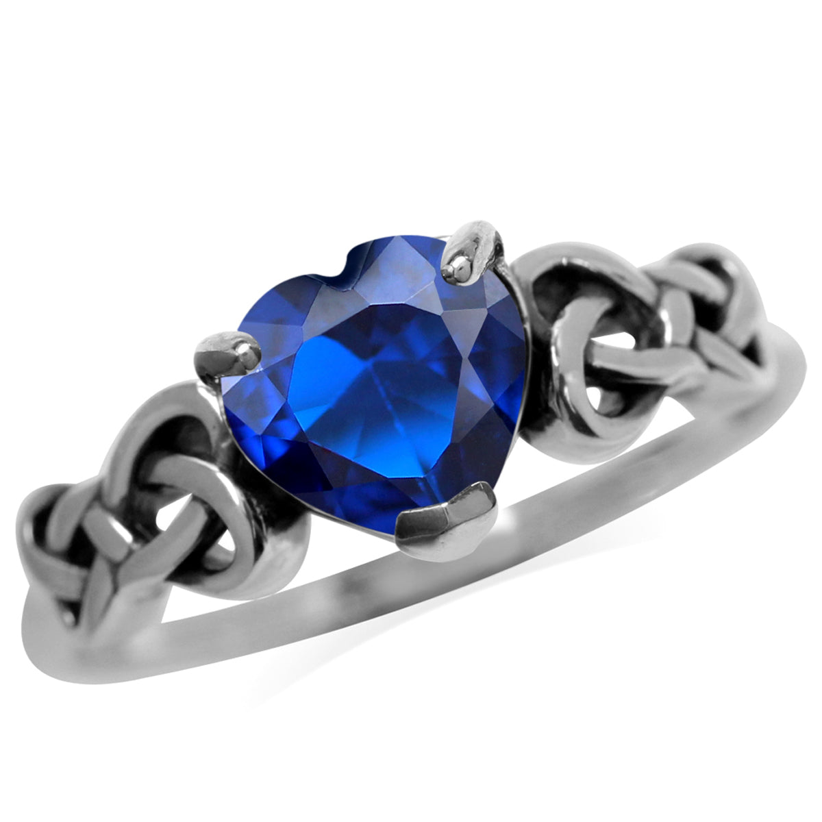7MM Created Heart Shape Blue Sapphire 925 Sterling Silver Celtic Heart Knot Filigree Solitaire Promise Ring - Silvershake-store