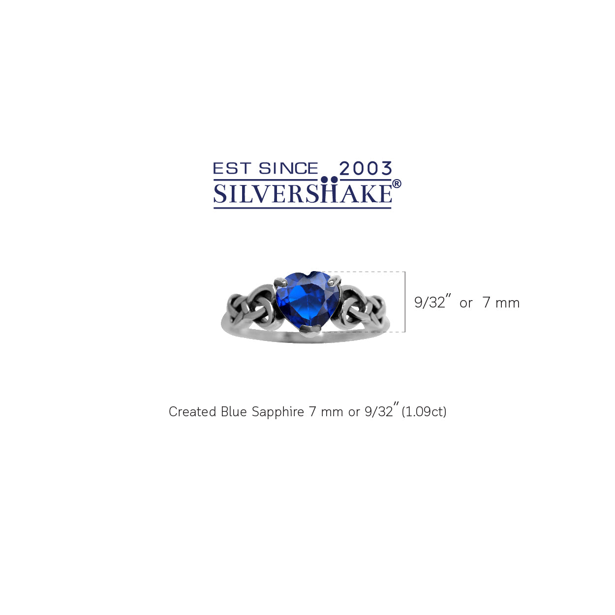 7MM Created Heart Shape Blue Sapphire 925 Sterling Silver Celtic Heart Knot Filigree Solitaire Promise Ring - Silvershake-store