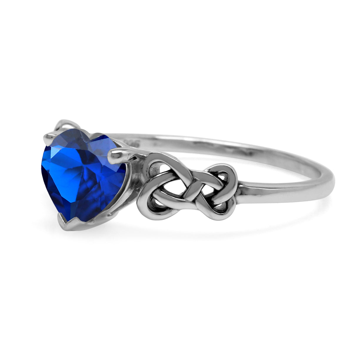 7MM Created Heart Shape Blue Sapphire 925 Sterling Silver Celtic Heart Knot Filigree Solitaire Promise Ring - Silvershake-store