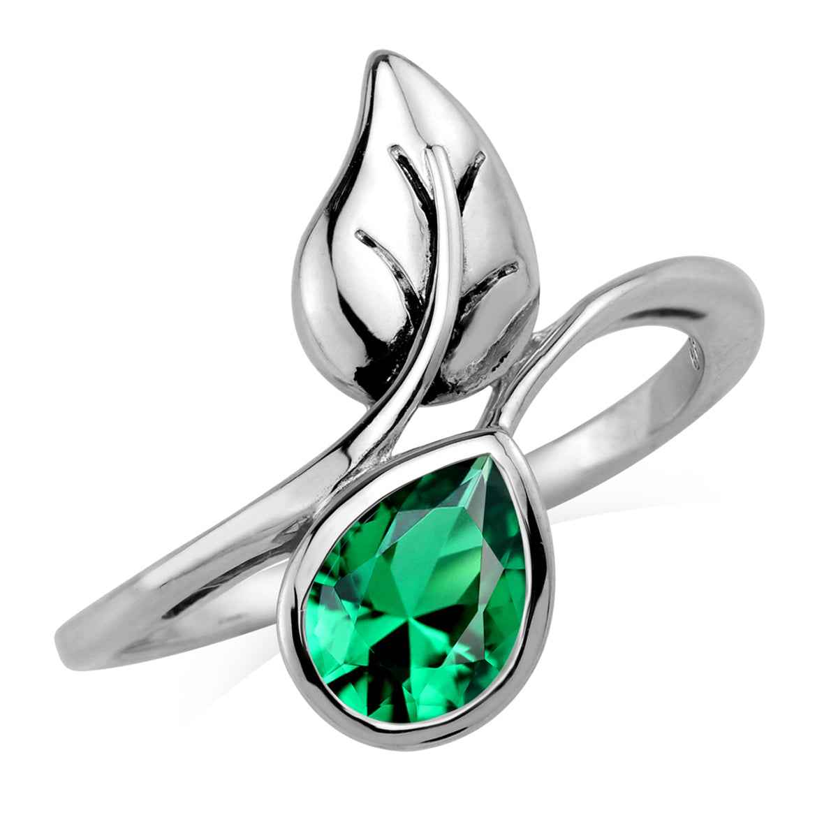 Created Pear Shape Nano Green Emerald 925 Sterling Silver Leaf Vintage Inspired Solitaire Bypass Ring