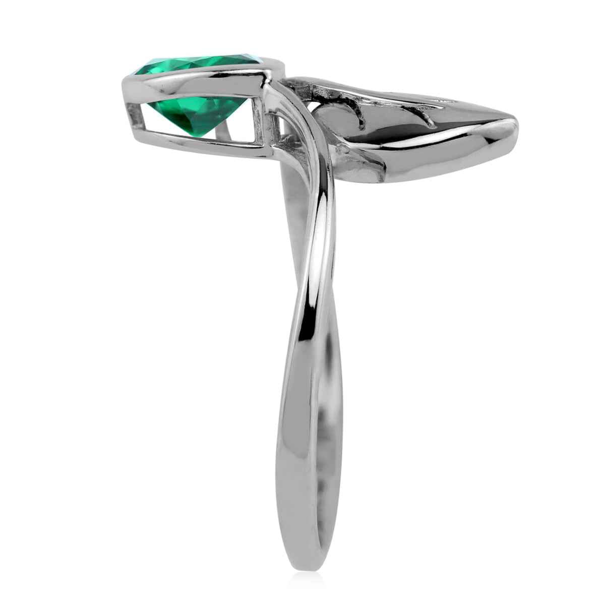 Created Pear Shape Nano Green Emerald 925 Sterling Silver Leaf Vintage Inspired Solitaire Bypass Ring