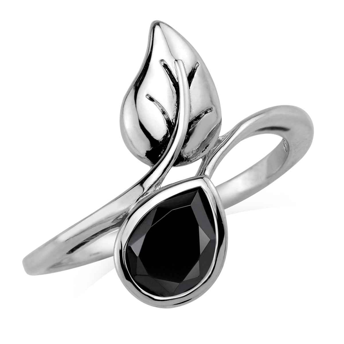 1.03 CTW Natural Pear Shape Black Onyx 925 Sterling Silver Leaf Vintage Inspired Solitaire Gemstone Bypass Ring