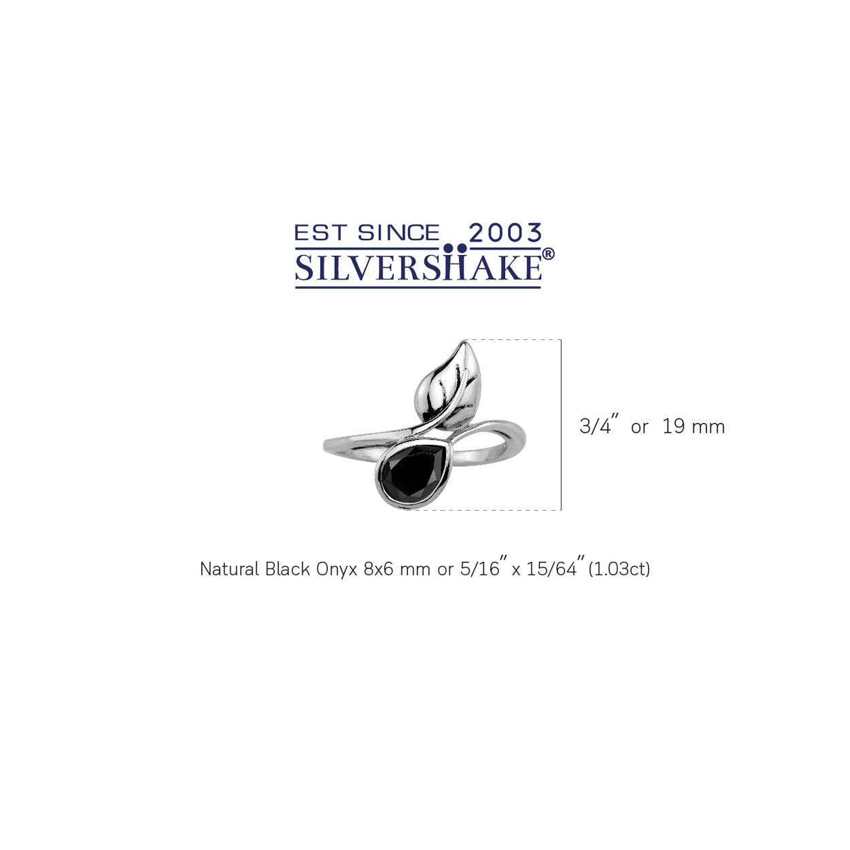 1.03 CTW Natural Pear Shape Black Onyx 925 Sterling Silver Leaf Vintage Inspired Solitaire Gemstone Bypass Ring silvershake