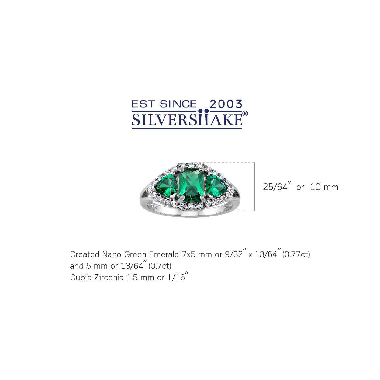 3-Stone Created Nano Green Emerald White Gold Plated 925 Sterling Silver Cluster Cocktail Ring