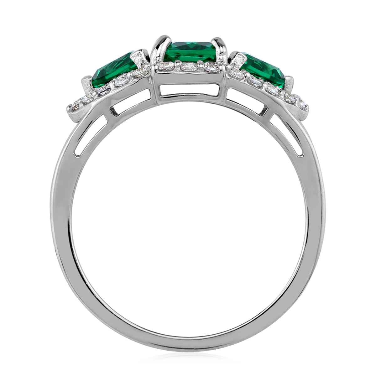 3-Stone Created Nano Green Emerald White Gold Plated 925 Sterling Silver Cluster Cocktail Ring