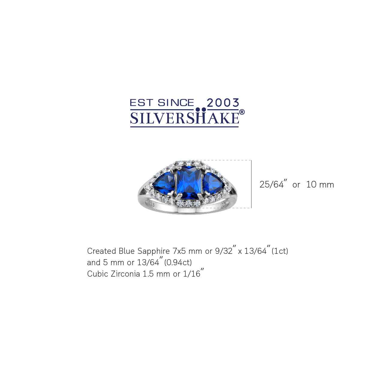 3-Stone Created Blue Sapphire White Gold Plated 925 Sterling Silver Cluster Cocktail Ring