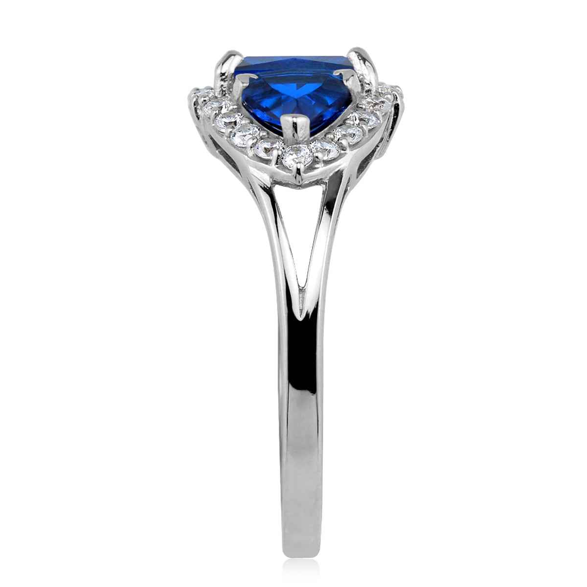 3-Stone Created Blue Sapphire White Gold Plated 925 Sterling Silver Cluster Cocktail Ring