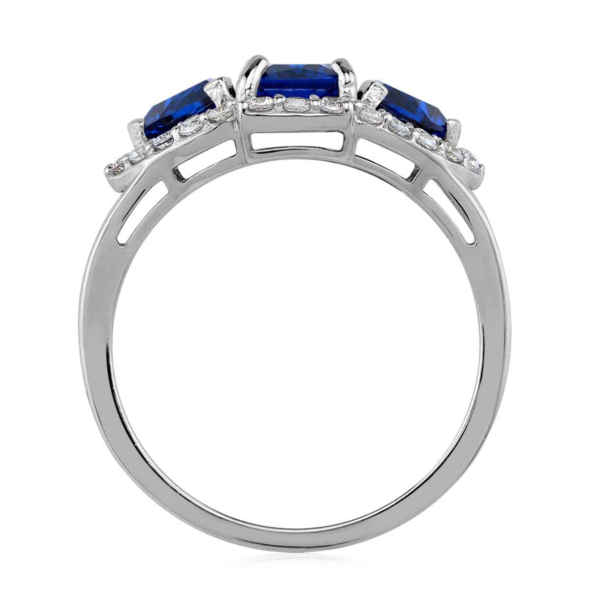 3-Stone Created Blue Sapphire White Gold Plated 925 Sterling Silver Cluster Cocktail Ring