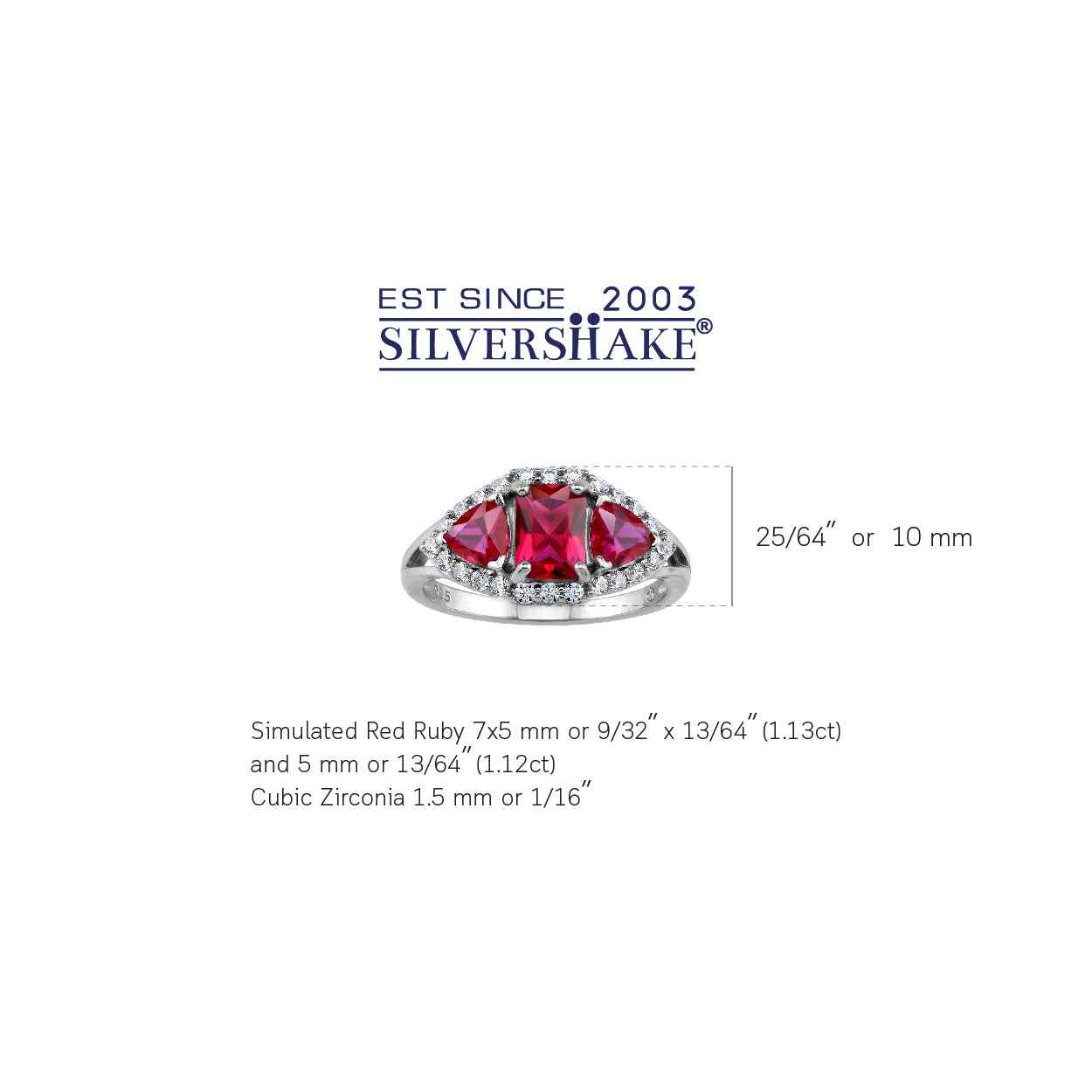 3-Stone Simulated Red Ruby White Gold Plated 925 Sterling Silver Cluster Cocktail Ring