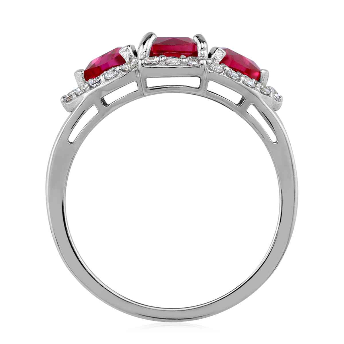 3-Stone Simulated Red Ruby White Gold Plated 925 Sterling Silver Cluster Cocktail Ring