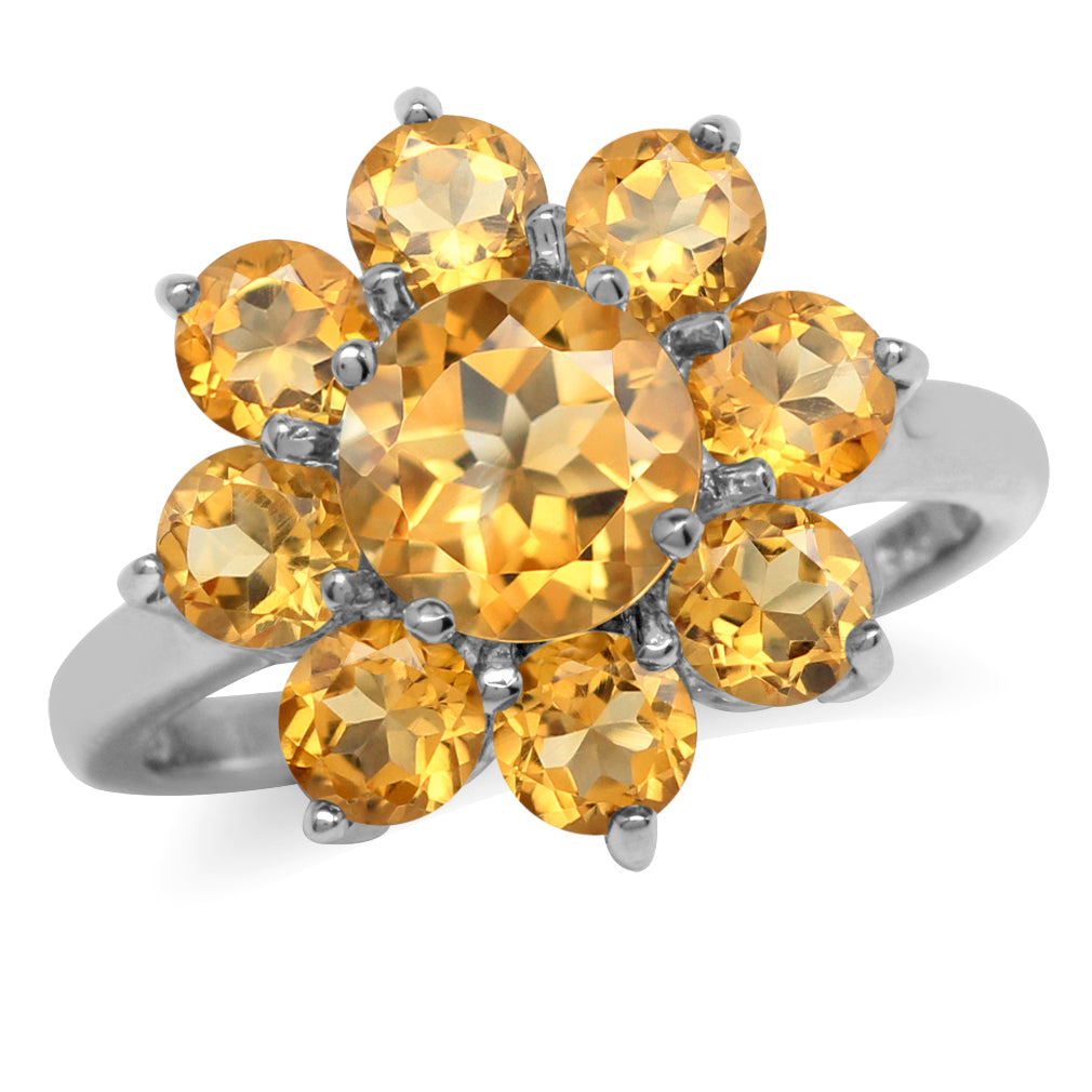3.06 CTW Genuine Round Shape Yellow Citrine White Gold Plated 925 Sterling Silver Flower Cluster Ring November Gemstone Birthstone - Silvershake-store