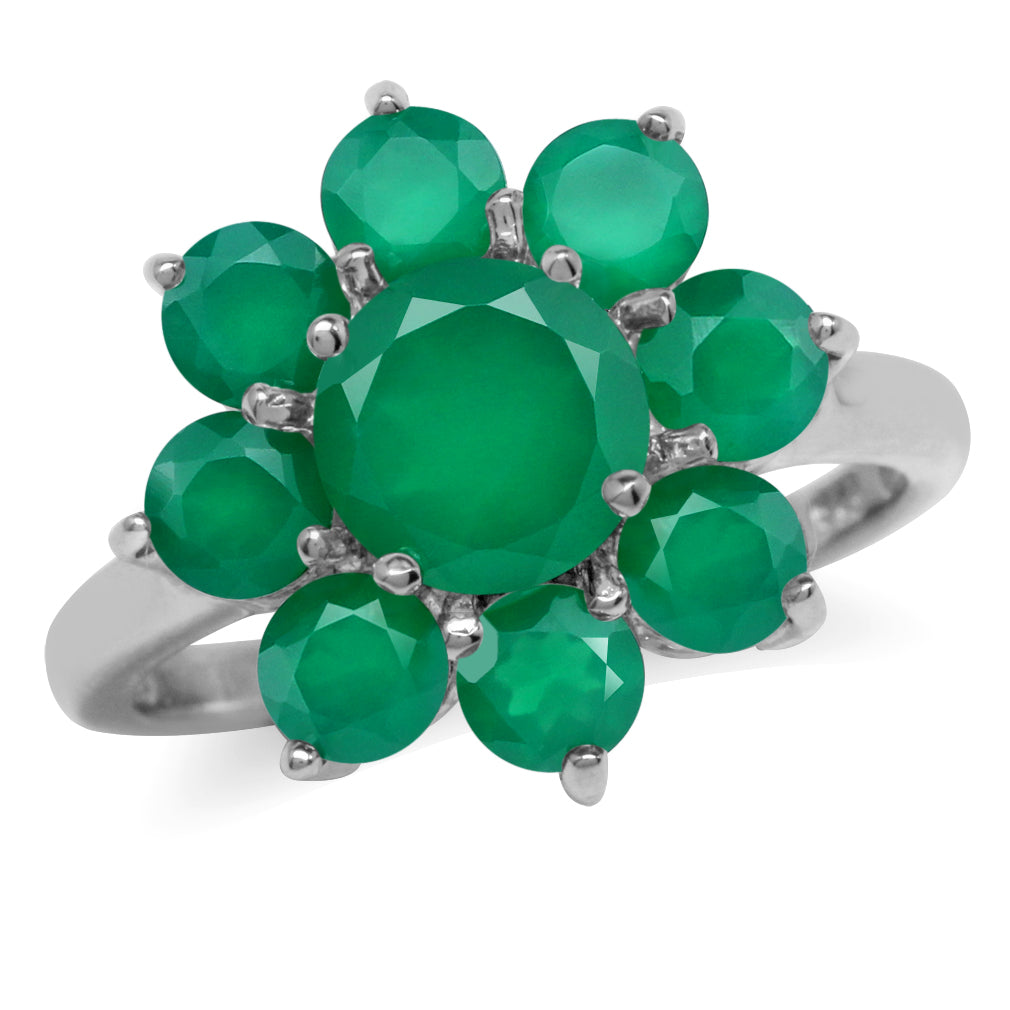 3.33 CTW Natural Round Shape Emerald Green Agate White Gold Plated 925 Sterling Silver Flower Cluster Ring May Gemstone Birthstone - Silvershake-store
