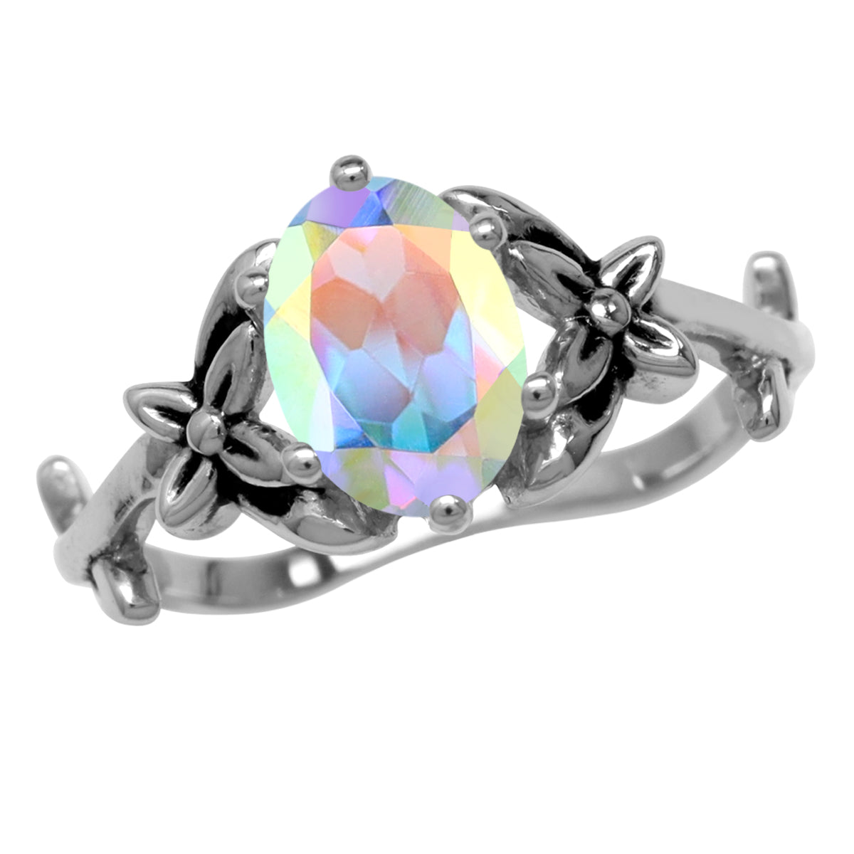 1.43 CTW 8X6mm Genuine Oval Shape Mercury Mist Aurora Borealis (AB) Topaz 925 Sterling Silver Flower and Leaf Vintage Inspired Gemstone Ring - Silvershake-store
