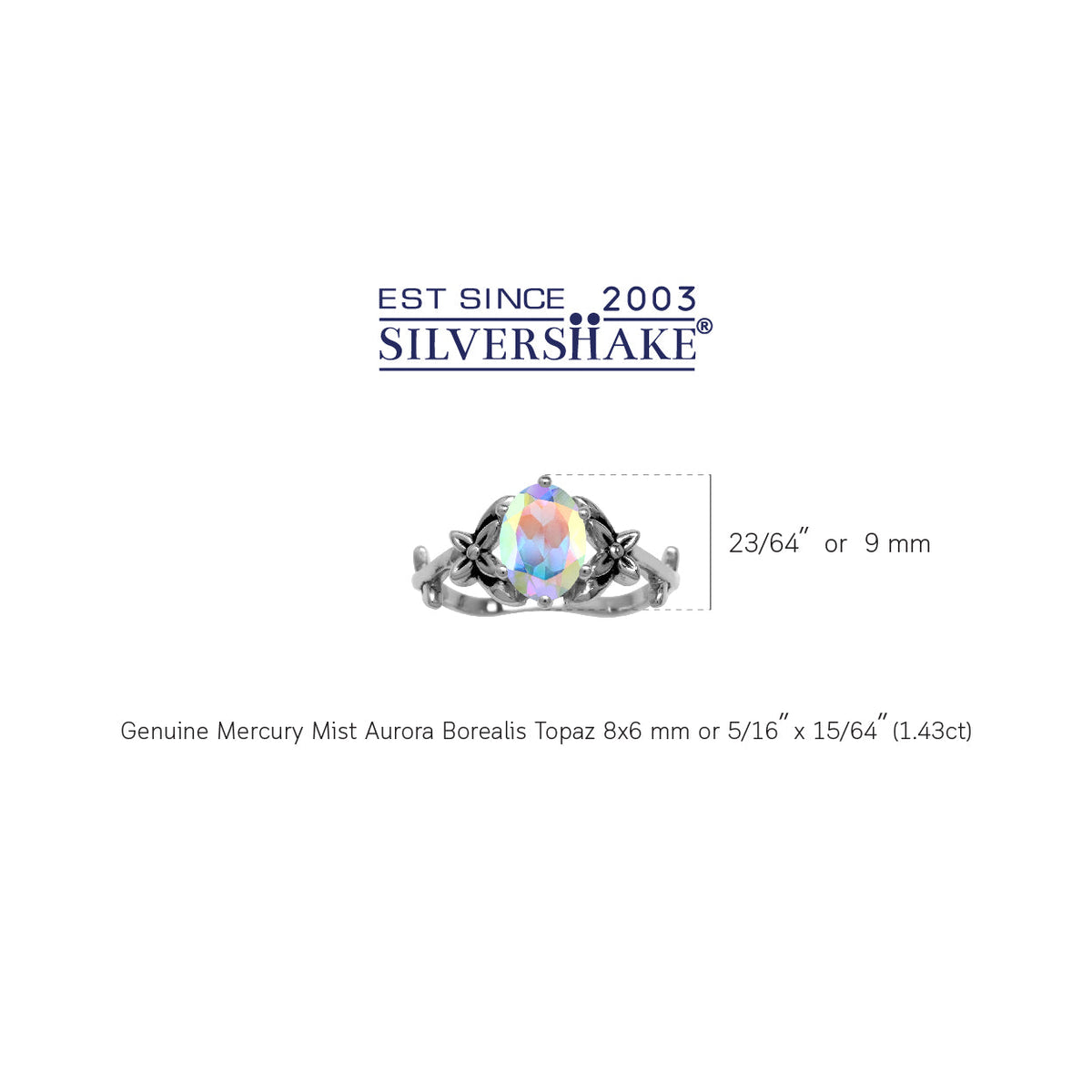 1.43 CTW 8X6mm Genuine Oval Shape Mercury Mist Aurora Borealis (AB) Topaz 925 Sterling Silver Flower and Leaf Vintage Inspired Gemstone Ring silvershake