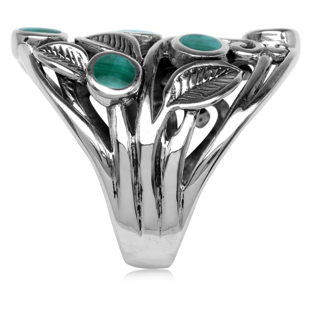4MM Created Round Shape Green Malachite Inlay 925 Sterling Silver Scroll / Filigree Leaf Vintage Inspired Ring - Silvershake-store