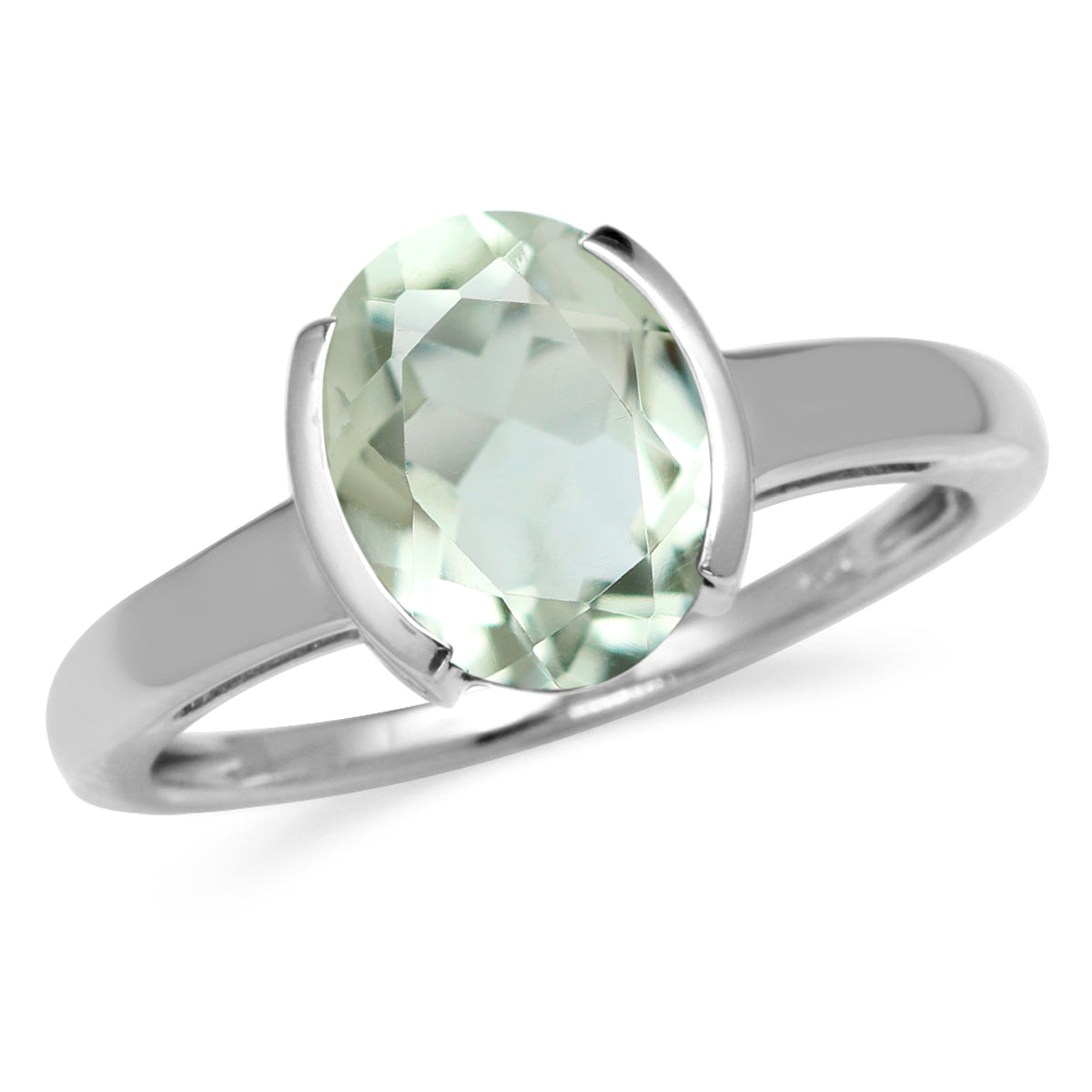 2.38 CTW 10X8mm Genuine Oval Shape Green Amethyst White Gold Plated 925 Sterling Silver Half Bezel Set Solitaire Gemstone Ring - Silvershake-store