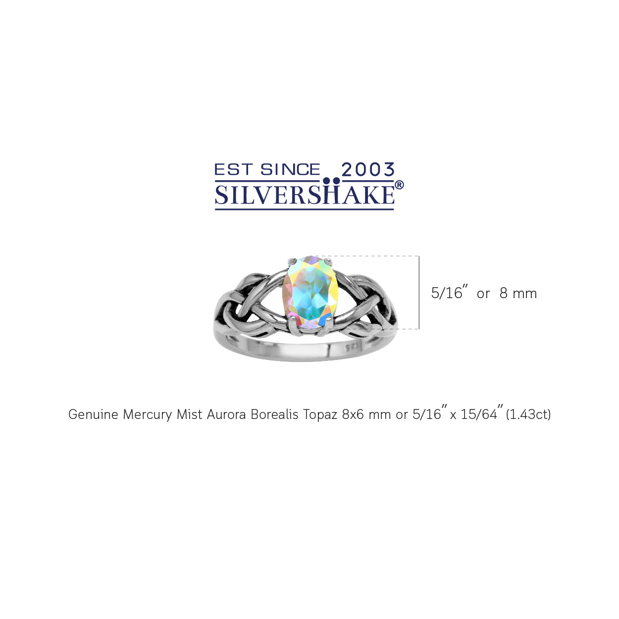1.43 CTW 8X6mm Genuine Oval Shape Mercury Mist Aurora Borealis (AB) Topaz 925 Sterling Silver Celtic Knot Weave Solitaire Gemstone Ring - Silvershake-store