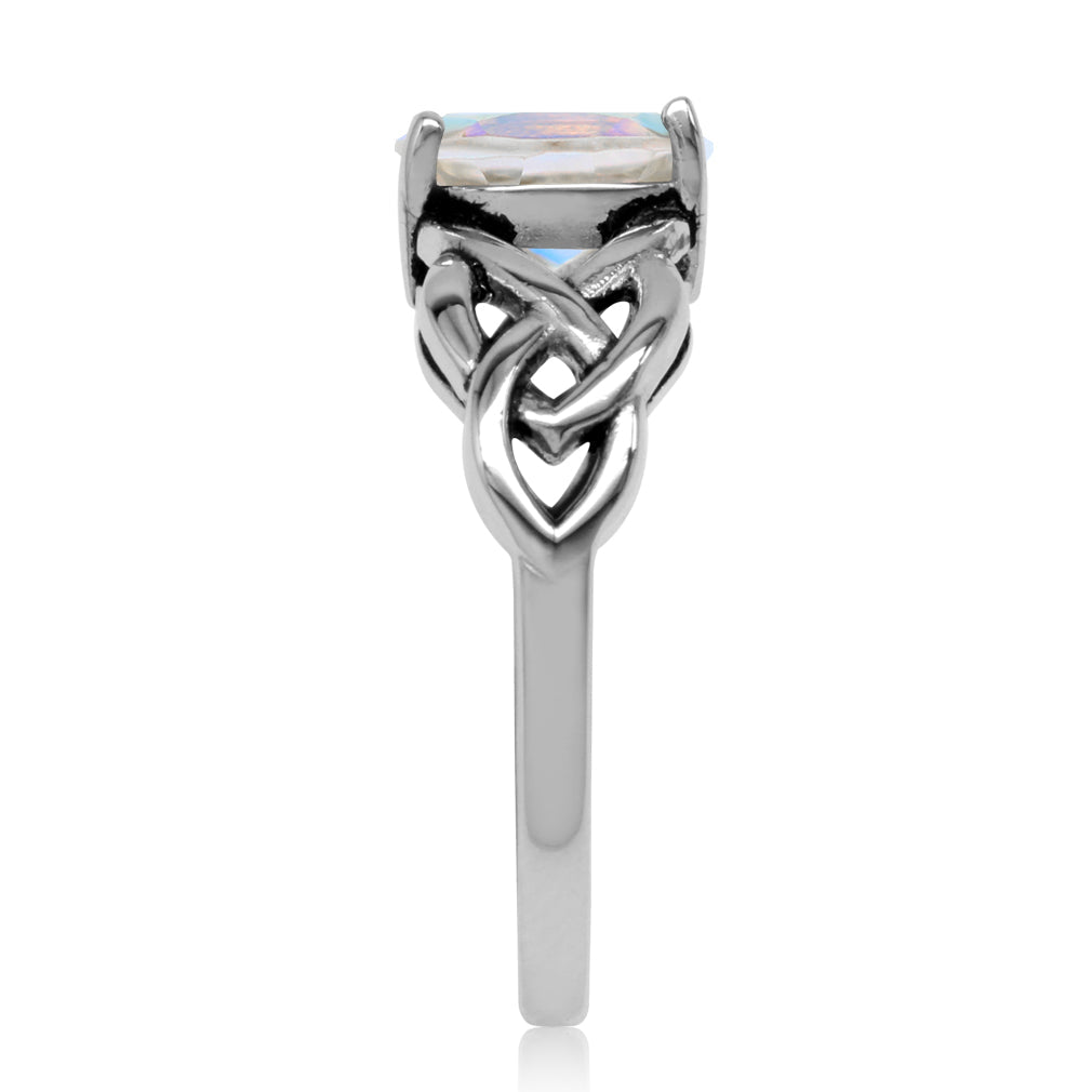 1.43 CTW 8X6mm Genuine Oval Shape Mercury Mist Aurora Borealis (AB) Topaz 925 Sterling Silver Celtic Knot Weave Solitaire Gemstone Ring - Silvershake-store