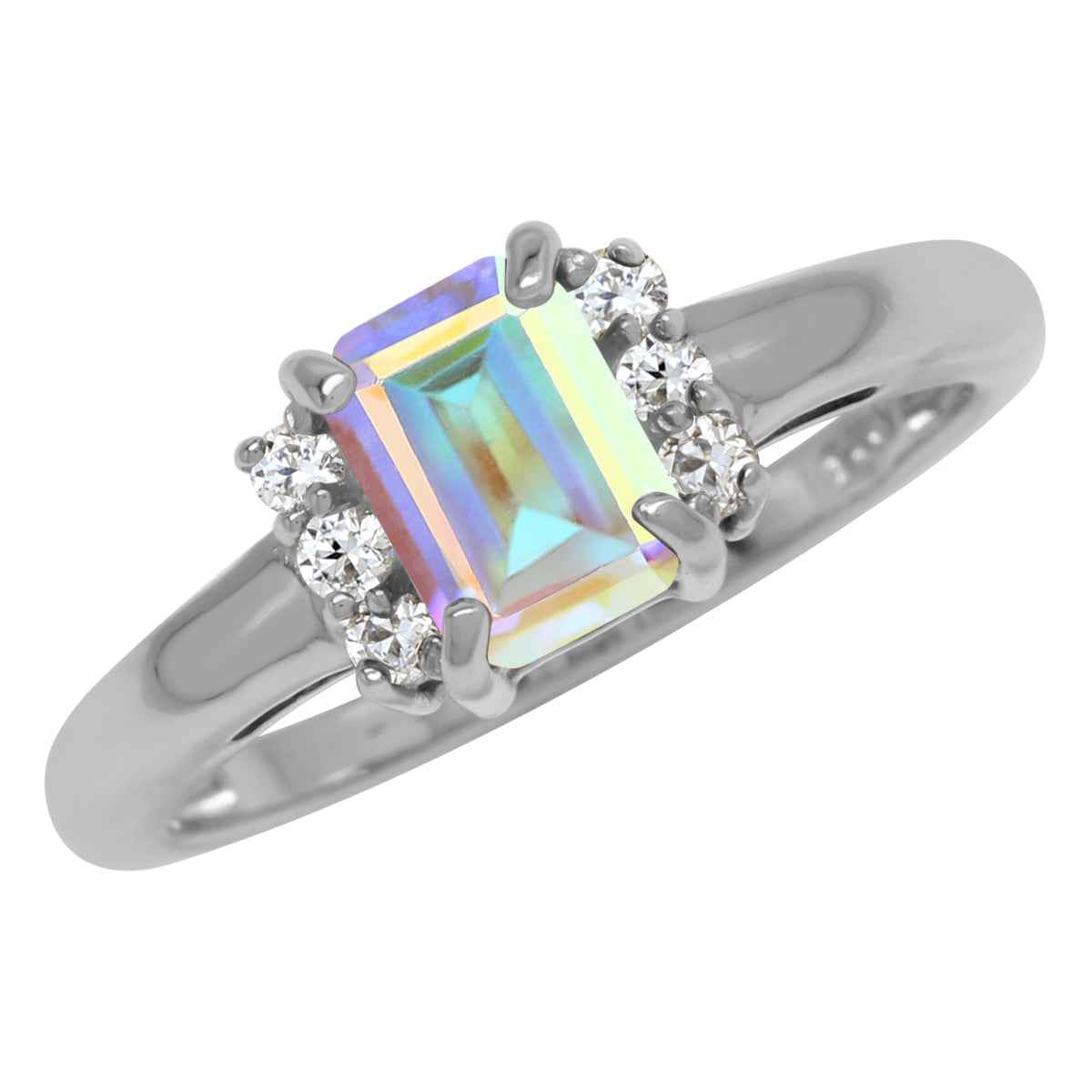 1.24 CTW 7X5mm Genuine Octagon Shape Mercury Mist Aurora Borealis (AB) Topaz White Gold Plated 925 Sterling Silver Engagement Gemstone Ring