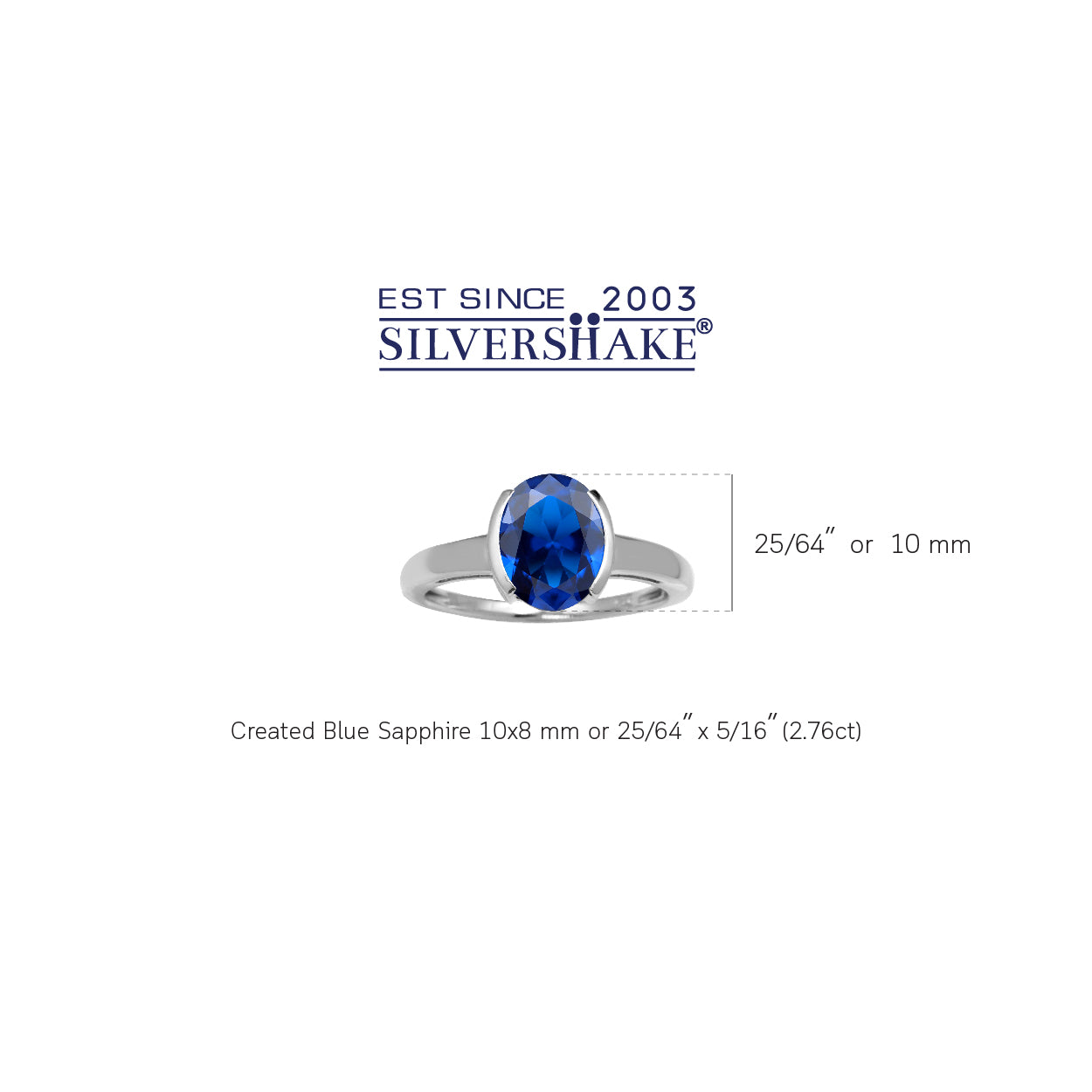 10X8mm Created Oval Shape Blue Sapphire White Gold Plated 925 Sterling Silver Half Bezel Set Solitaire Ring September Gemstone Birthstone - Silvershake-store