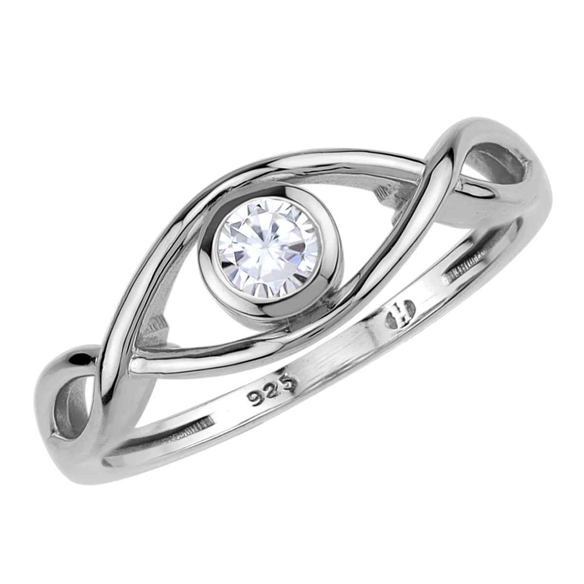 4MM Round Shape Cubic Zirconia White Gold Plated 925 Sterling Silver Ribbon Knot Solitaire Ring