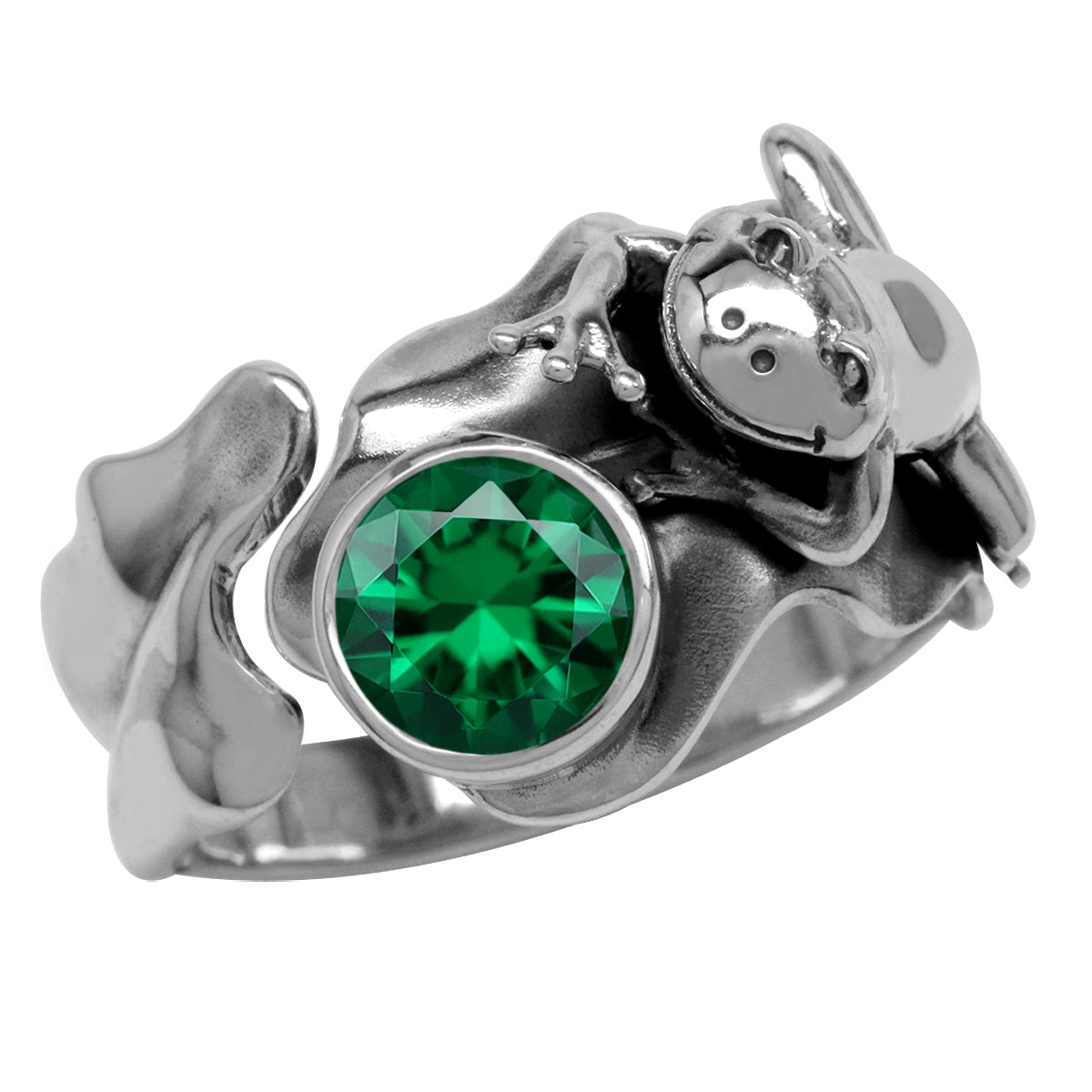 7MM Created Round Shape Nano Green Emerald 925 Sterling Silver Lotus Leaf and Frog Ring May Gemstone Birthstone Jewelry for Women