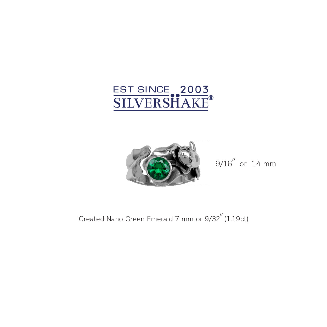 7MM Created Round Shape Nano Green Emerald 925 Sterling Silver Lotus Leaf and Frog Ring May Gemstone Birthstone Jewelry for Women
