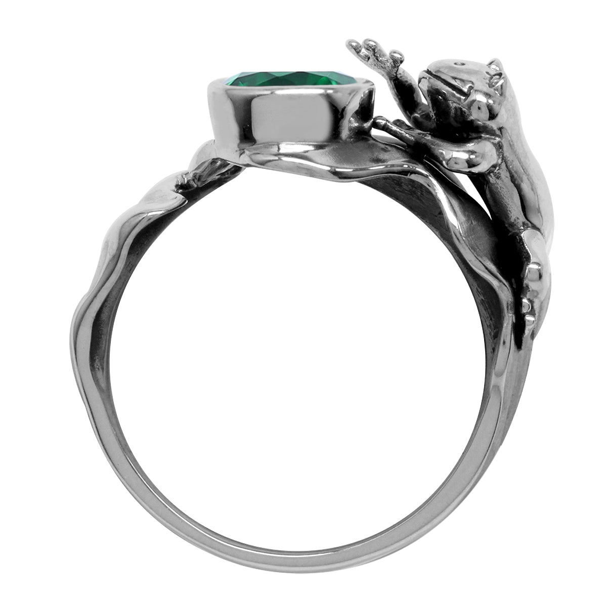 7MM Created Round Shape Nano Green Emerald 925 Sterling Silver Lotus Leaf and Frog Ring May Gemstone Birthstone Jewelry for Women