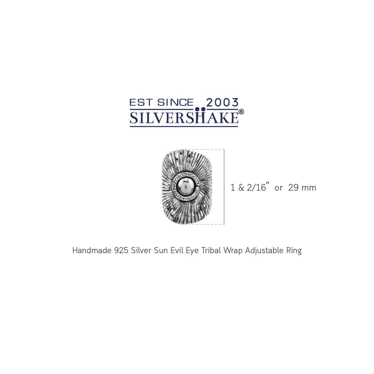 Handmade 925 Sterling Silver Sun / Evil Eye Vintage Inspired Tribal Wrap Adjustable Ring