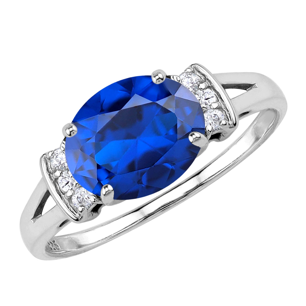 10X8mm Created Oval Shape Blue Sapphire White Gold Plated 925 Sterling Silver Elegant Cluster Cocktail Ring