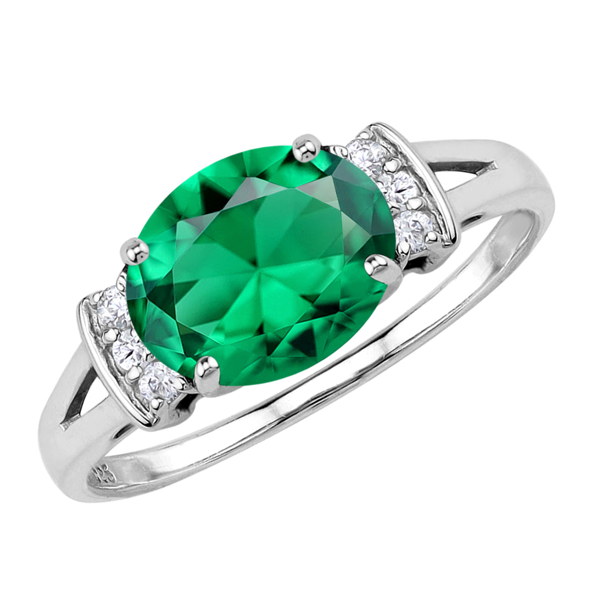 10X8mm Created Oval Shape Nano Green Emerald White Gold Plated 925 Sterling Silver Elegant Cluster Cocktail Ring May Gemstone Birthstone Jewelry for Women
