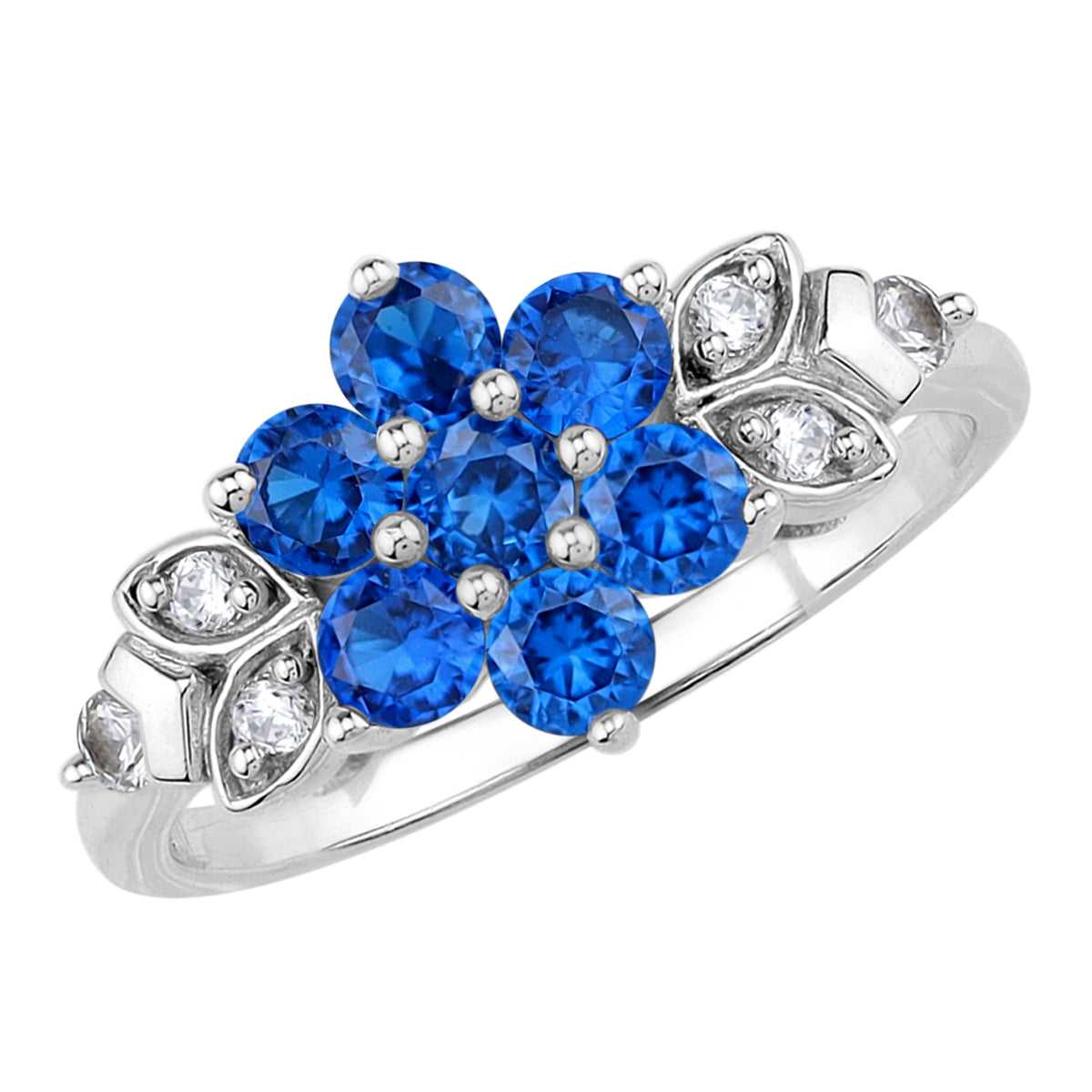Created Round Shape Blue Sapphire White Gold Plated 925 Sterling Silver Flower & Leaf Ring September Gemstone Birthstone Jewelry for Women - Silvershake-store