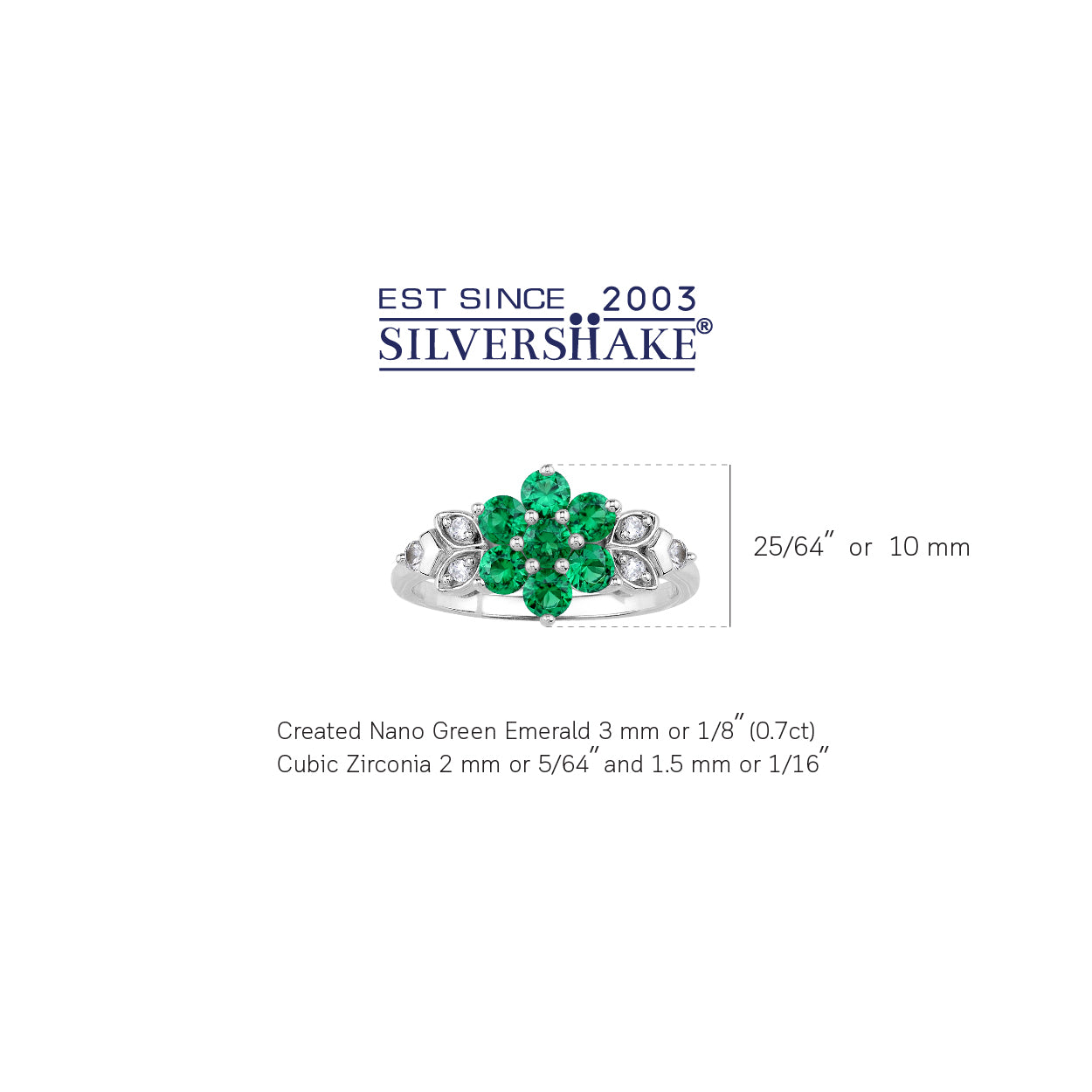 Created Round Shape Nano Green Emerald White Gold Plated 925 Sterling Silver Flower & Leaf Ring May Gemstone Birthstone Jewelry for Women - Silvershake-store
